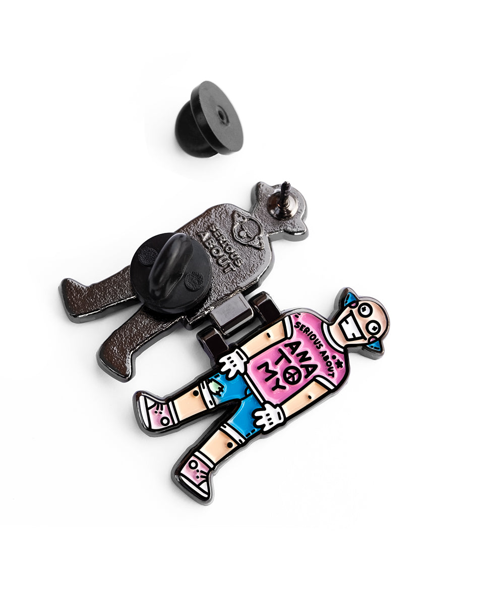 Moving Pin Examples ANATOMY MAN, moving enamel pin – SERIOUS ABOUT